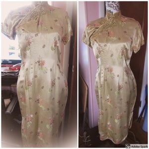 Gold Satin Cheong Sam Pencil Dress